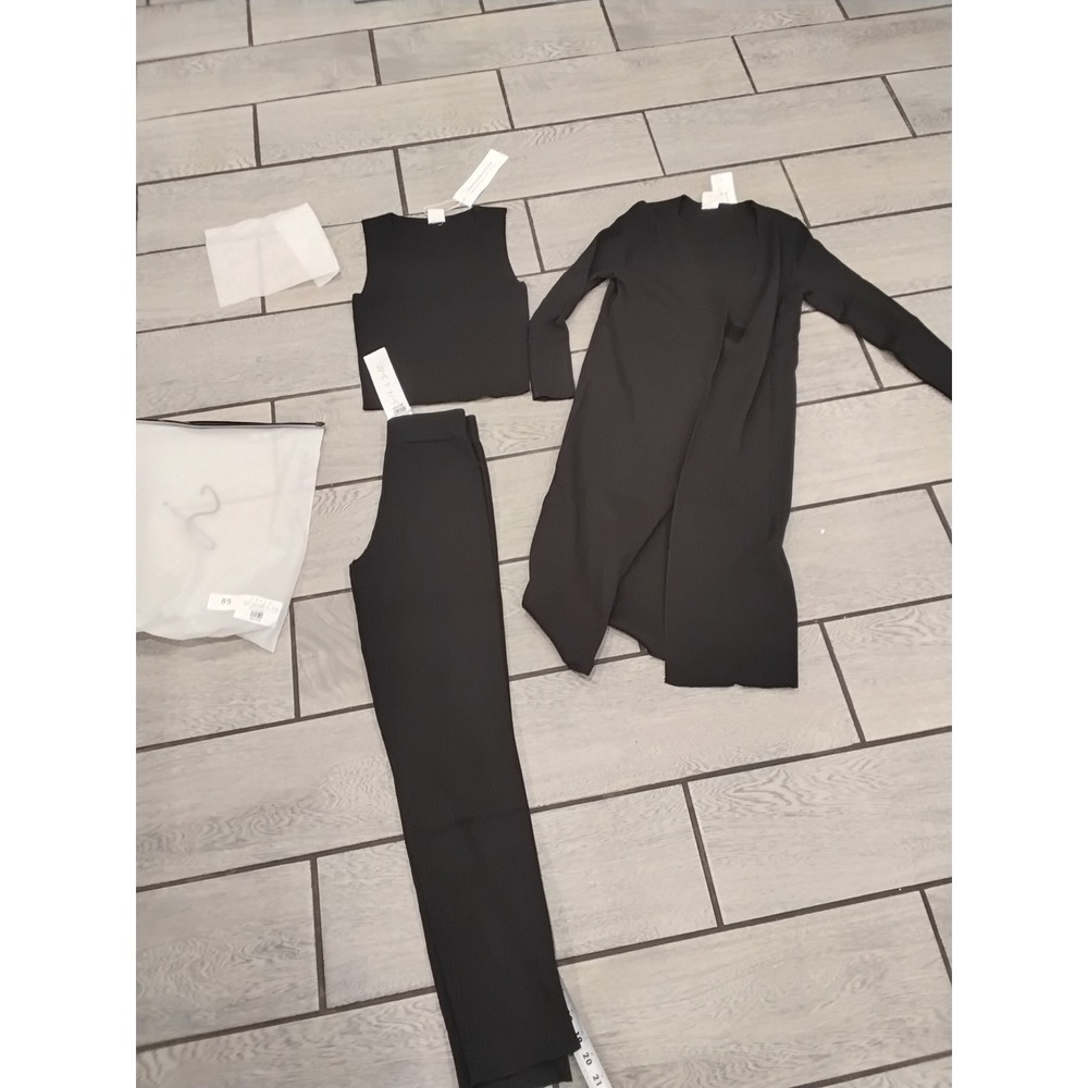 Silk & Salt Staycation 3 Piece Ribbed Knit Sweat Set Black XS Cardigan Top Pants
